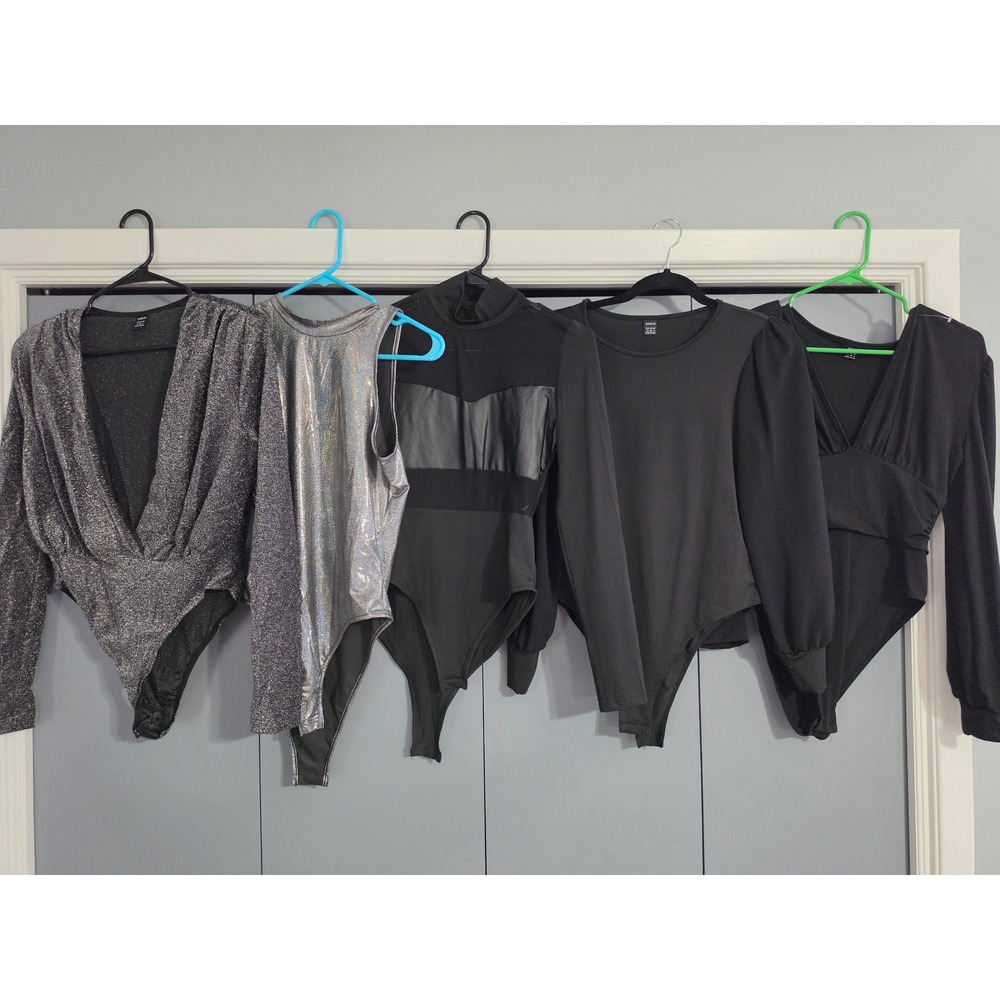 New SHEIN Bodysuit Bundle Size Medium Black Silver Metallic Glitter 5pc Set